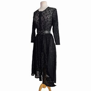 Whimsigoth Black Lace A-Line Midi Shirt Dress Sheer Long Sleeve Button Up Small
